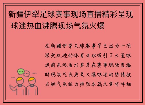 新疆伊犁足球赛事现场直播精彩呈现 球迷热血沸腾现场气氛火爆